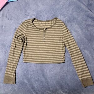 ROMWE Gray Striped Long Sleeve Crop Top